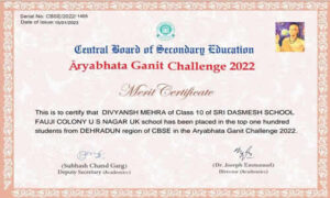 Divyansh Mehra Class 10 awarded Aryabhatt Ganit Challenge Award