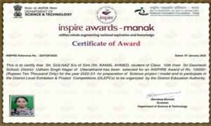 Inspire award Manak to GULNAZ Class 10 for Rs 10000/-